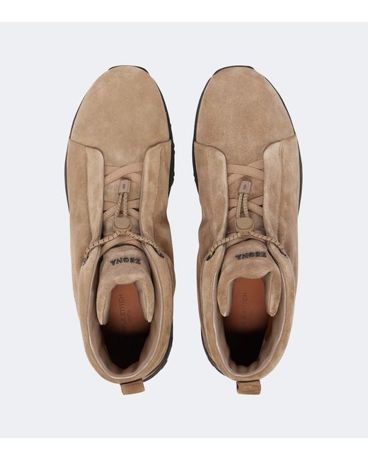 Zegna Brown Triple Stitch Suede High-Top Sneakers for men