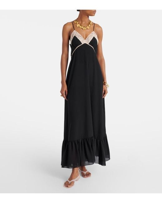 Chloé Black Lace-Trimmed Silk Chiffon Maxi Dress