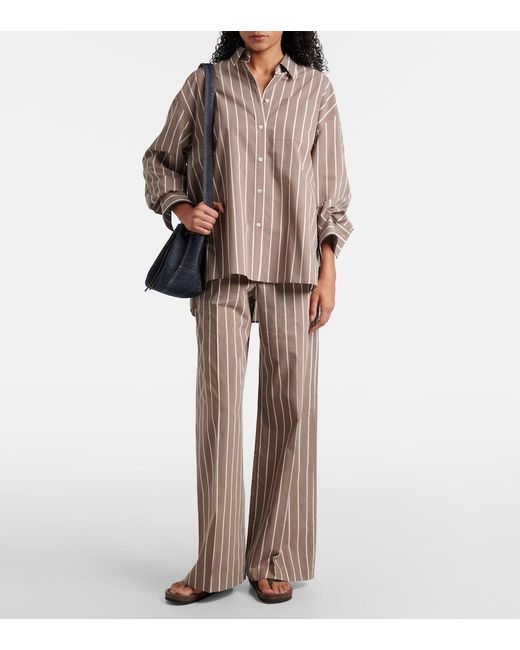 Brunello Cucinelli Natural Striped Cotton-Blend Wide-Leg Pants