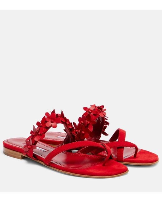 Manolo Blahnik Red Fiosa Floral-Applique Suede Sandals