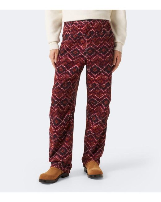Dries Van Noten Red Printed Cotton Corduroy Straight Pants for men
