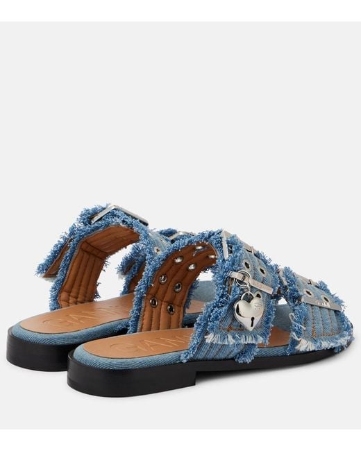 Ganni Blue Fringed Denim Sandals
