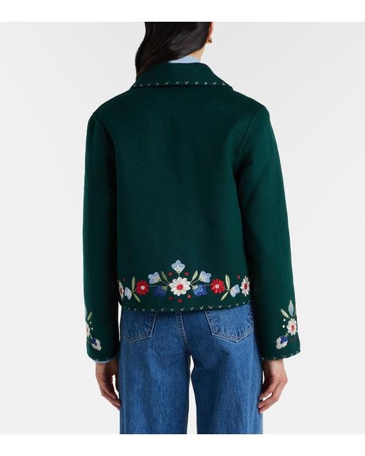 Rixo Green Jude Embroidered Floral Wool-Blend Jacket