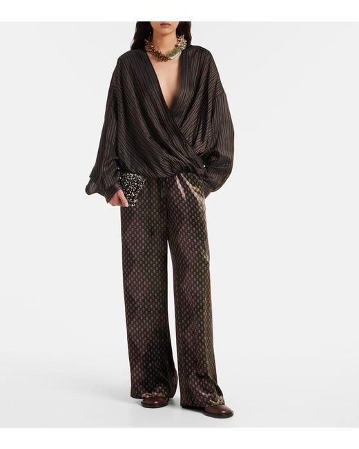 Dries Van Noten Black Printed Wide-Leg Satin Pants