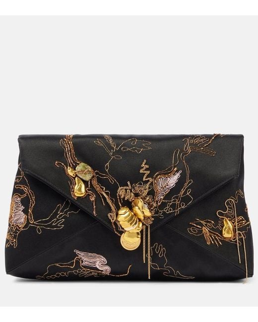 Dries Van Noten Black Bestickte Schultertasche Aus Satin
