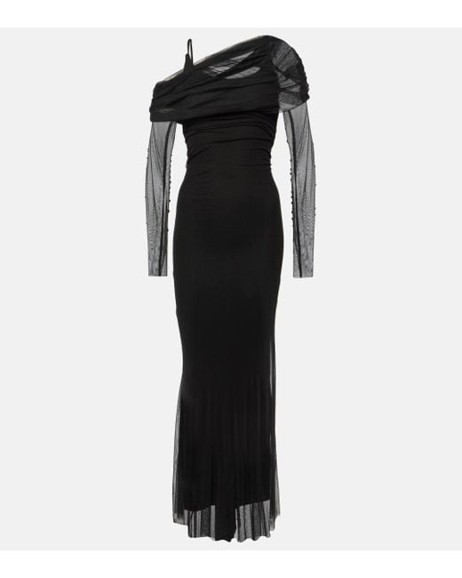 Christopher Esber Black Veiled Off-shoulder Silk Tulle Gown