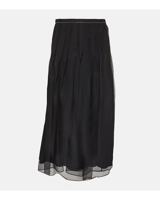 Brunello Cucinelli Black Embellished Pleated Silk Midi Skirt