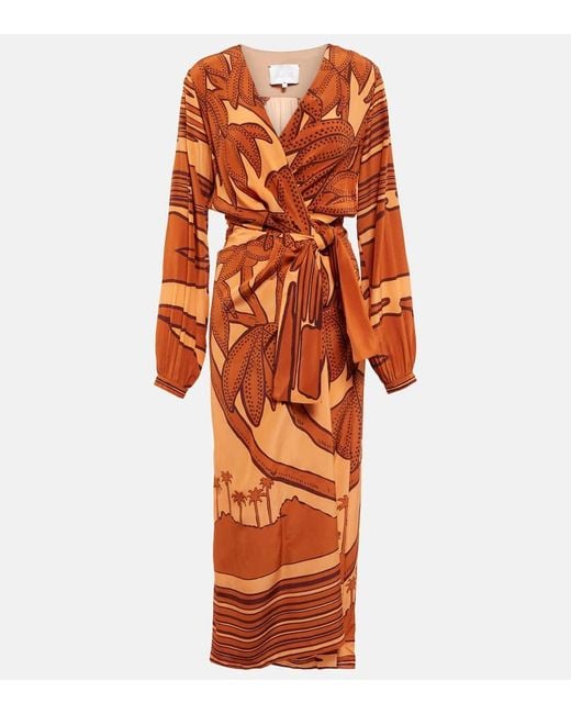 Johanna Ortiz Orange Sociedades Antiguas Printed Silk Crepe De Chine Midi Wrap Dress