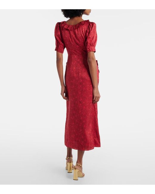 Alessandra Rich Red Leopard-Print Silk Jacquard Midi Dress