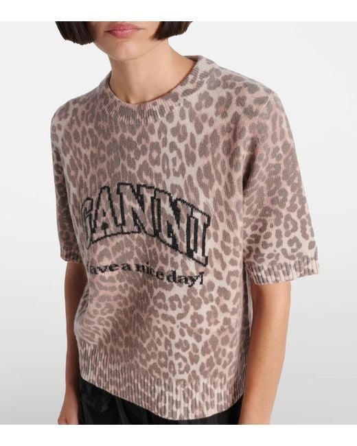 Ganni Brown Logo Leopard-Print Wool-Blend Top