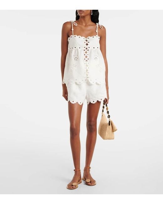 Farm Rio White Embroidered Cutout Linen Top