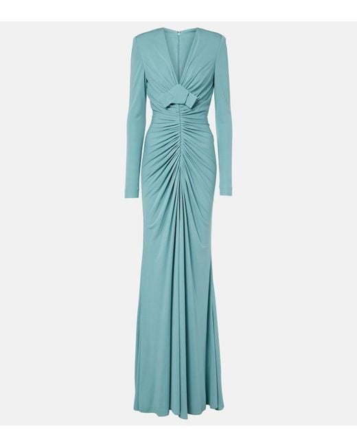 Elie Saab Blue Bow-Detail Ruched Jersey Gown