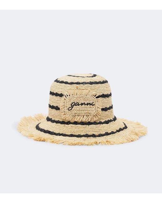 Ganni Natural Striped Raffia Bucket Hat