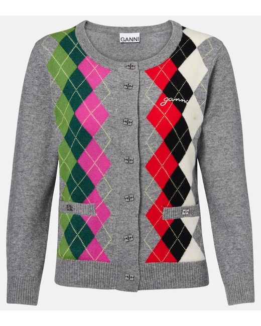 Ganni Pink Argyle Wool And Cashmere Cardigan