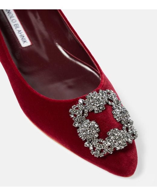 Manolo Blahnik Red Hangisi Embellished Velvet Ballet Flats