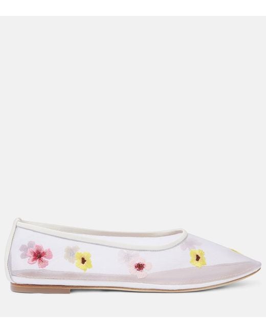 Staud White Alba Floral Mesh Ballet Flats