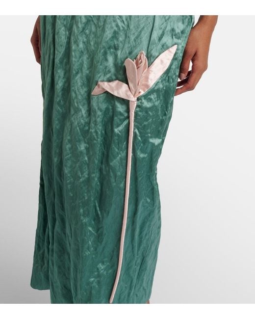 Erdem Green Floral-Applique Satin Midi Dress