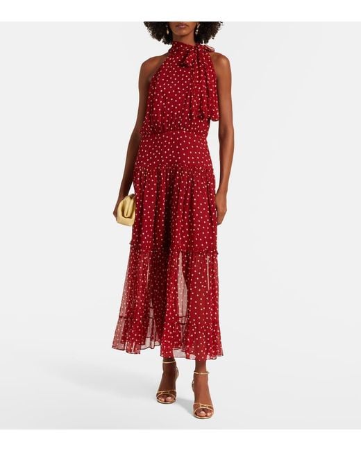 Rixo Red Abi Polka-Dot Chiffon Midi Dress
