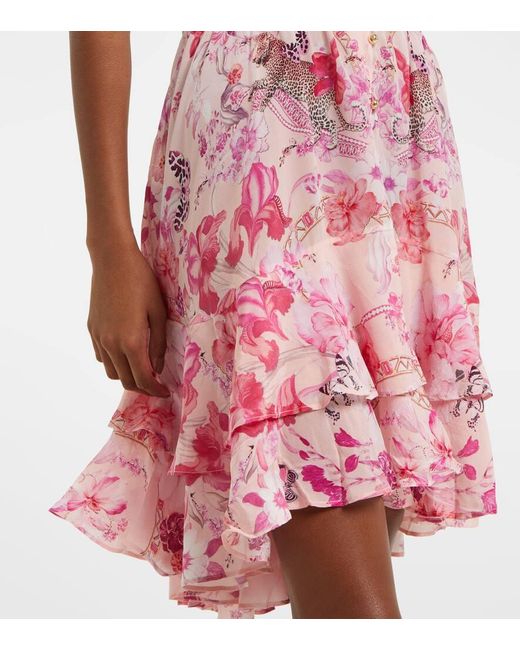 Camilla Pink Gathered Floral Silk Minidress