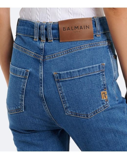 Jeans Cropped Con Cinturon Balmain de color Blue