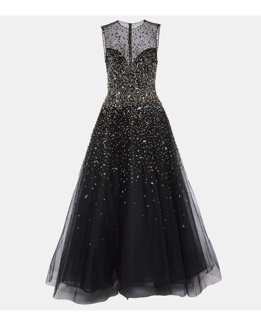 Monique Lhuillier Black Embellished Tulle Gown