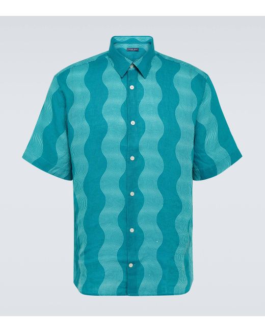 Frescobol Carioca Blue Striped Linen Bowling Shirt for men