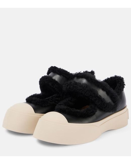 Marni Black Calf Leather And Shearling Pablo Mary Jane Sneakers