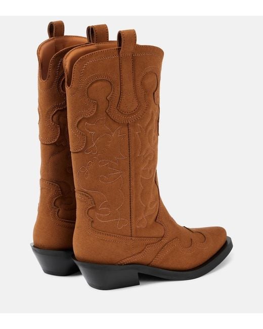 Ganni Brown Embroidered Faux Leather Cowboy Boots