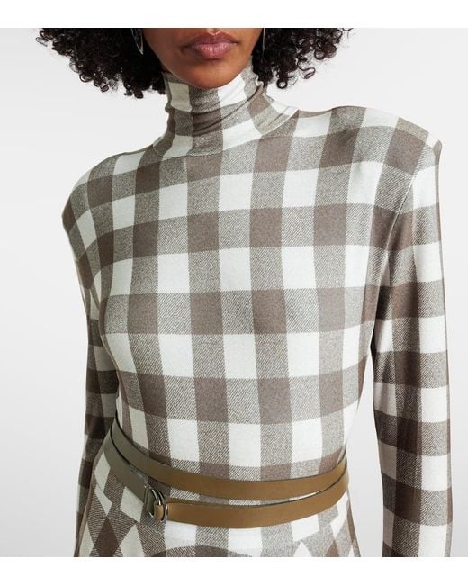 Norma Kamali White Checked Turtleneck Jersey Midi Dress