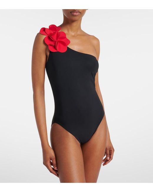 Karla Colletto Blue Tess Floral-Applique One-Shoulder Swimsuit