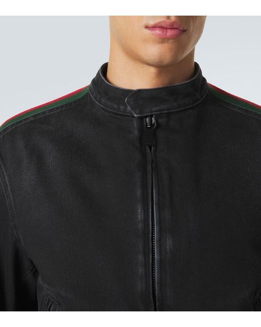 Gucci Black Web Stripe Denim Biker Jacket for men