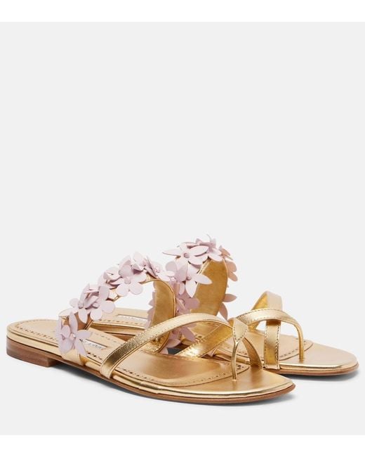 Manolo Blahnik Metallic Fiosa Applique Leather Thong Sandals