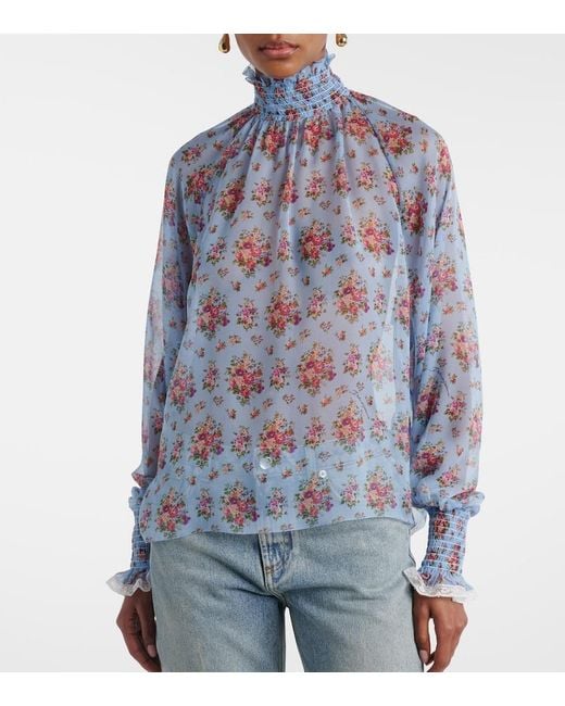 Dolce & Gabbana Blue Floral Ruffled Silk And Cotton Blouse