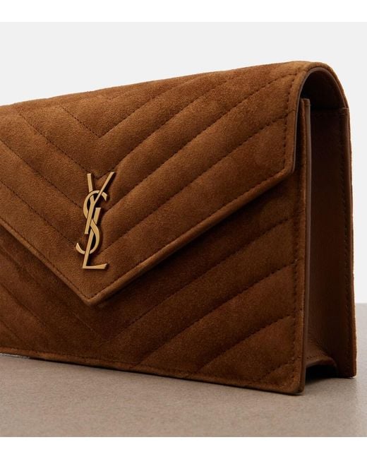 Saint Laurent Brown Cassandre Mini Suede Wallet On Chain