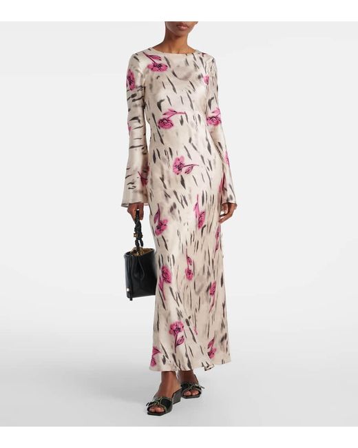 Ganni Natural Floral Open-Back Satin Maxi Dress