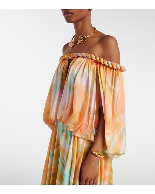 Zimmermann Metallic Luna Off-Shoulder Printed Silk Chiffon Gown