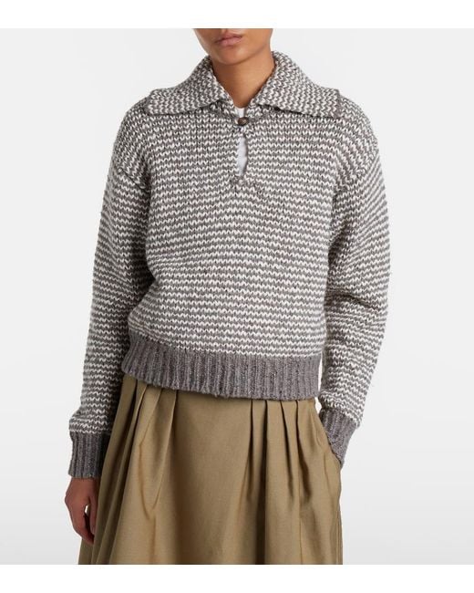 Polo Ralph Lauren Gray Striped Cotton And Wool-Blend Polo Sweater
