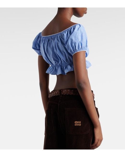 Miu Miu Blue Checked Cotton Poplin Crop Top