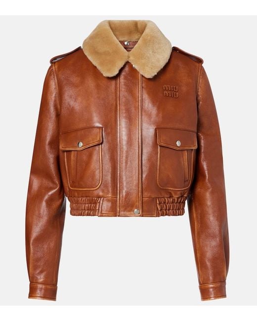 Veste En Cuir Et Shearling Miu Miu en coloris Brown