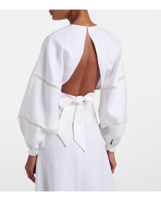 Valentino White Lace-Trimmed Open-Back Linen Blouse