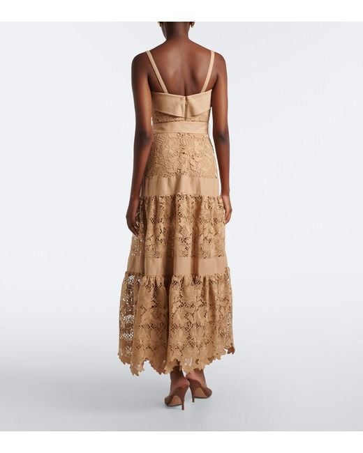 Elie Saab Natural Belted Tiered Guipure Lace Maxi Dress