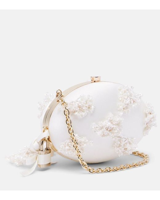 Self-Portrait White Oval Small Embellished Satin Clutch