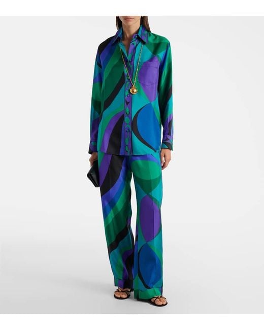 Emilio Pucci Blue Printed Silk Wide-Leg Pants