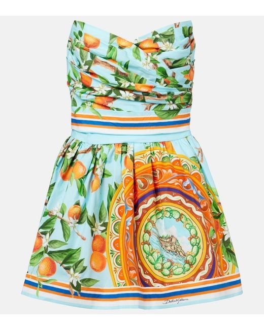 Dolce & Gabbana Green Taormina Printed Cotton Bustier Dress