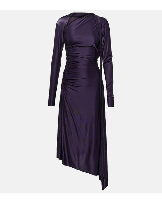 Victoria Beckham Blue Asymmetric Ruched Jersey Midi Dress