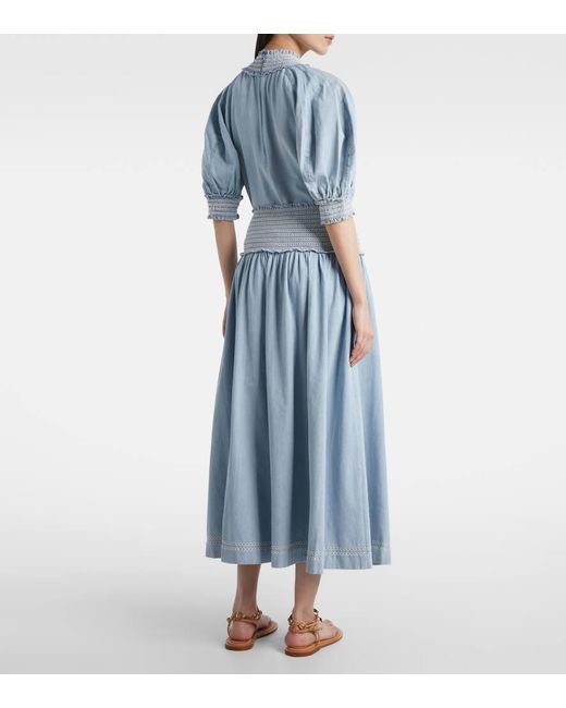 Zimmermann Blue Ascension Shirred Denim Midi Skirt