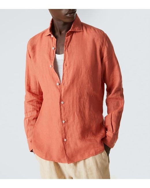 Fedeli Orange Linen Oxford Shirt for men