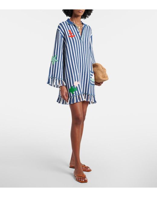 ALÉMAIS Blue Crochet Striped Cotton Minidress