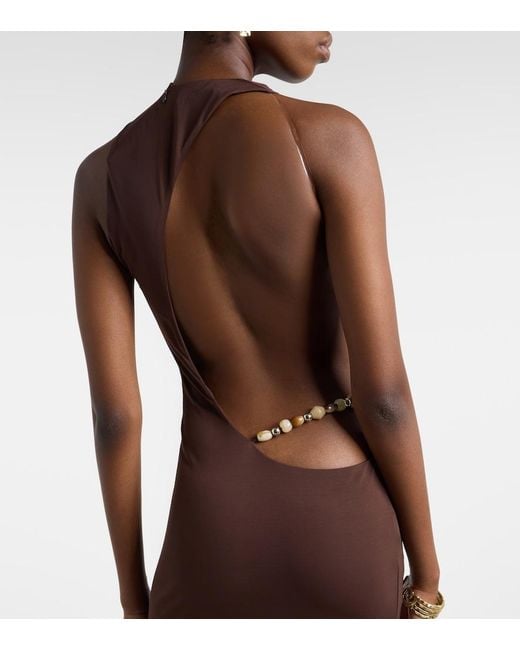 De La Vali Brown Maha Beaded Open-Back Jersey Gown