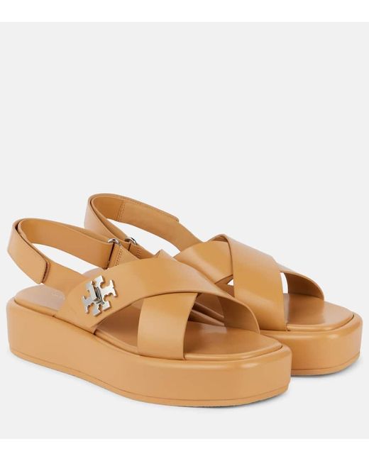 Tory Burch T Lock 40 Leather Platform Sandals in Brown
